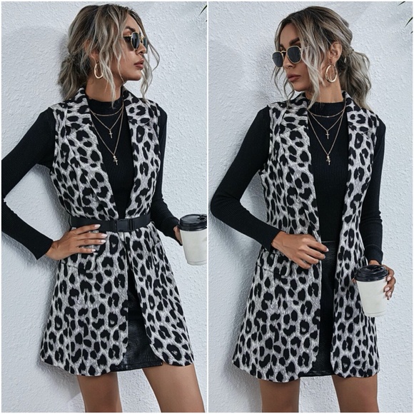 Jackets & Blazers - classic leopard print vest with belt grey black